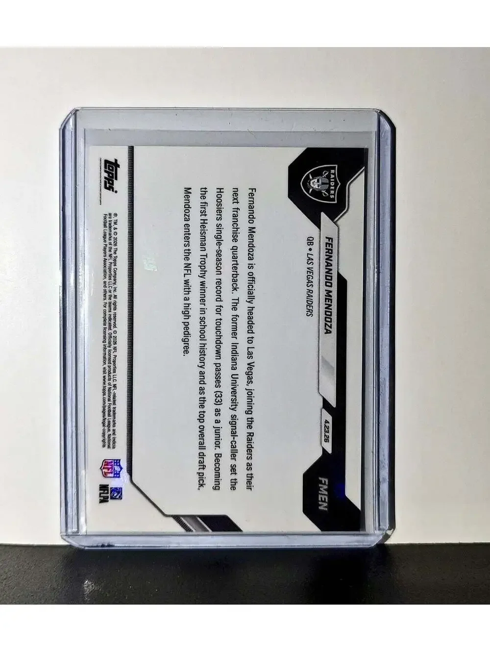 Fernando Mendoza Rookie 2026 Topps Now Draft Night #FMEN Card Las Vegas Raiders
